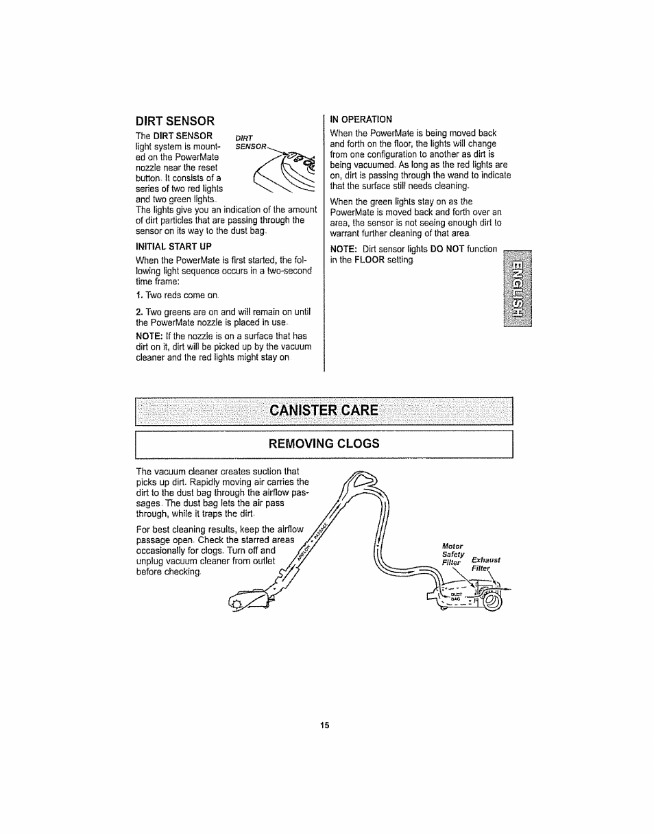 Dirt sensor, Canister care, Removing clogs | Kenmore ASPIRADORA 116.29914 User Manual | Page 15 / 52