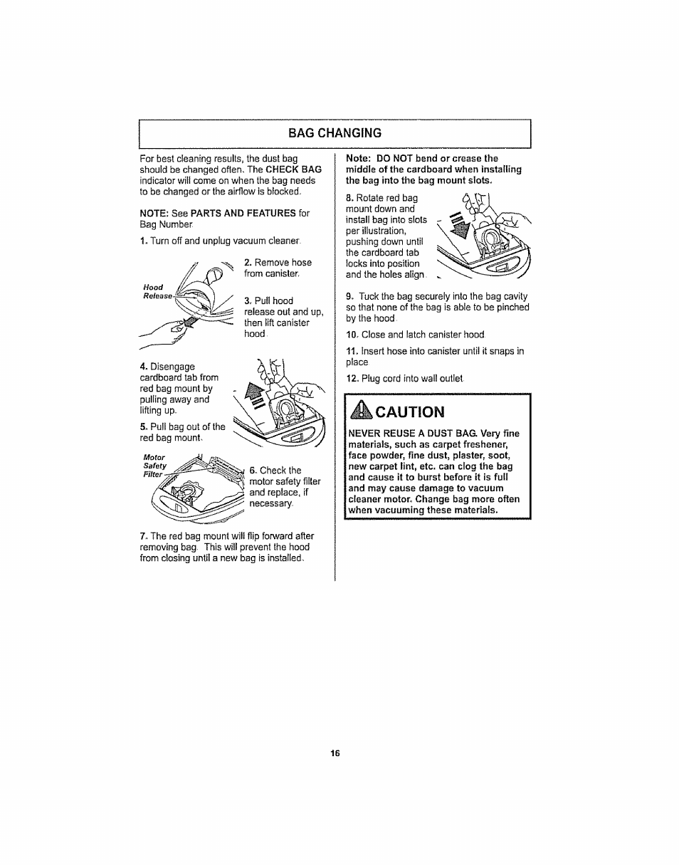 Bag changing, Caution | Kenmore ASPIRADORA 116.29914 User Manual | Page 16 / 52