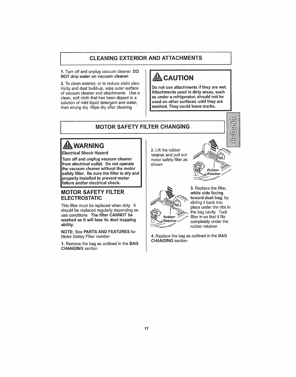 Cleaning exterior and attachments, Motor safety filter changing, Warning | Motor safety filter electrostatic, Motor safety fitter changing, Caution | Kenmore ASPIRADORA 116.29914 User Manual | Page 17 / 52