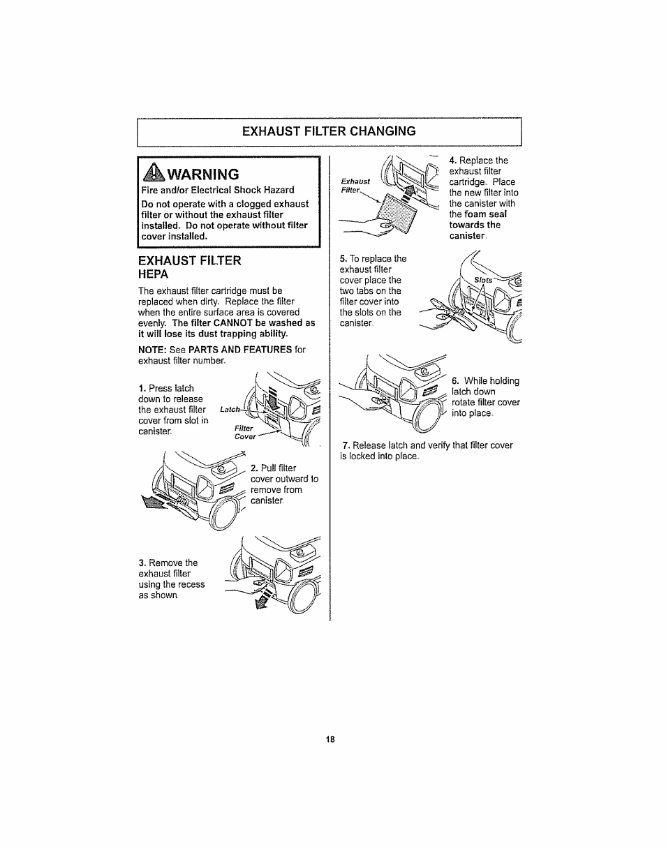 Exhaust filter changing, Warning, Exhaust filter hepa | Kenmore ASPIRADORA 116.29914 User Manual | Page 18 / 52