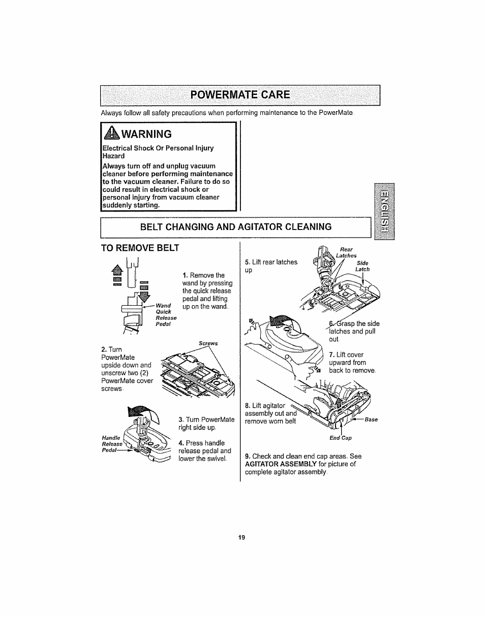 Powermate care, Warning, Belt changing and agitator cleaning | To remove belt, Powermate® care | Kenmore ASPIRADORA 116.29914 User Manual | Page 19 / 52