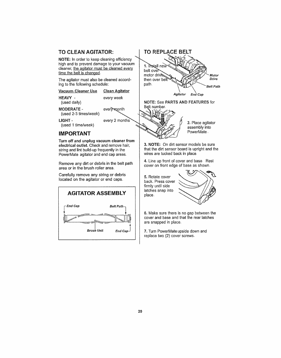 To clean agitator, Important, Agitator assembly | Kenmore ASPIRADORA 116.29914 User Manual | Page 20 / 52