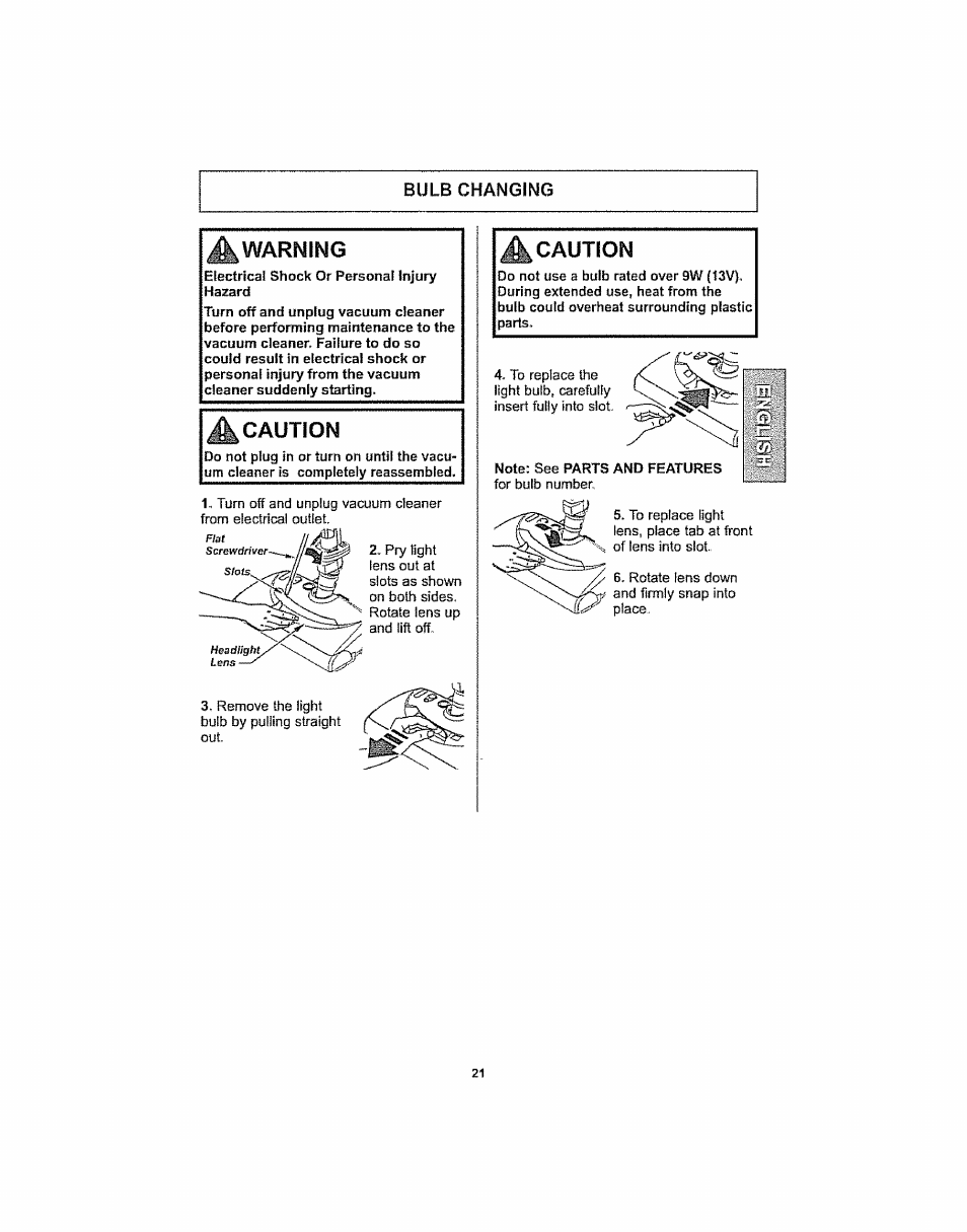 Bulb changing, Warning, A caution | Kenmore ASPIRADORA 116.29914 User Manual | Page 21 / 52