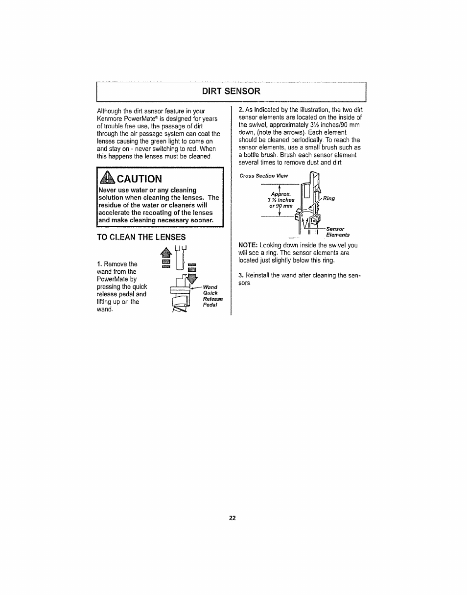 To clean the lenses, Caution | Kenmore ASPIRADORA 116.29914 User Manual | Page 22 / 52