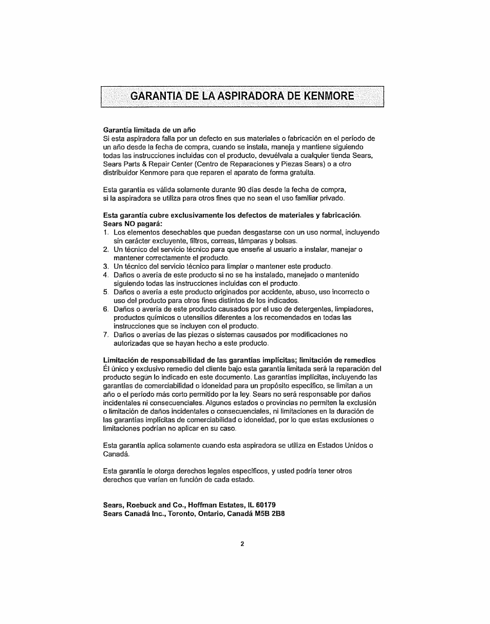 Garantia de la aspiradora de kenmore | Kenmore ASPIRADORA 116.29914 User Manual | Page 28 / 52