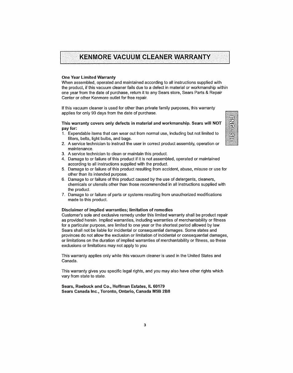 Kenmore vacuum cleaner warranty | Kenmore ASPIRADORA 116.29914 User Manual | Page 3 / 52