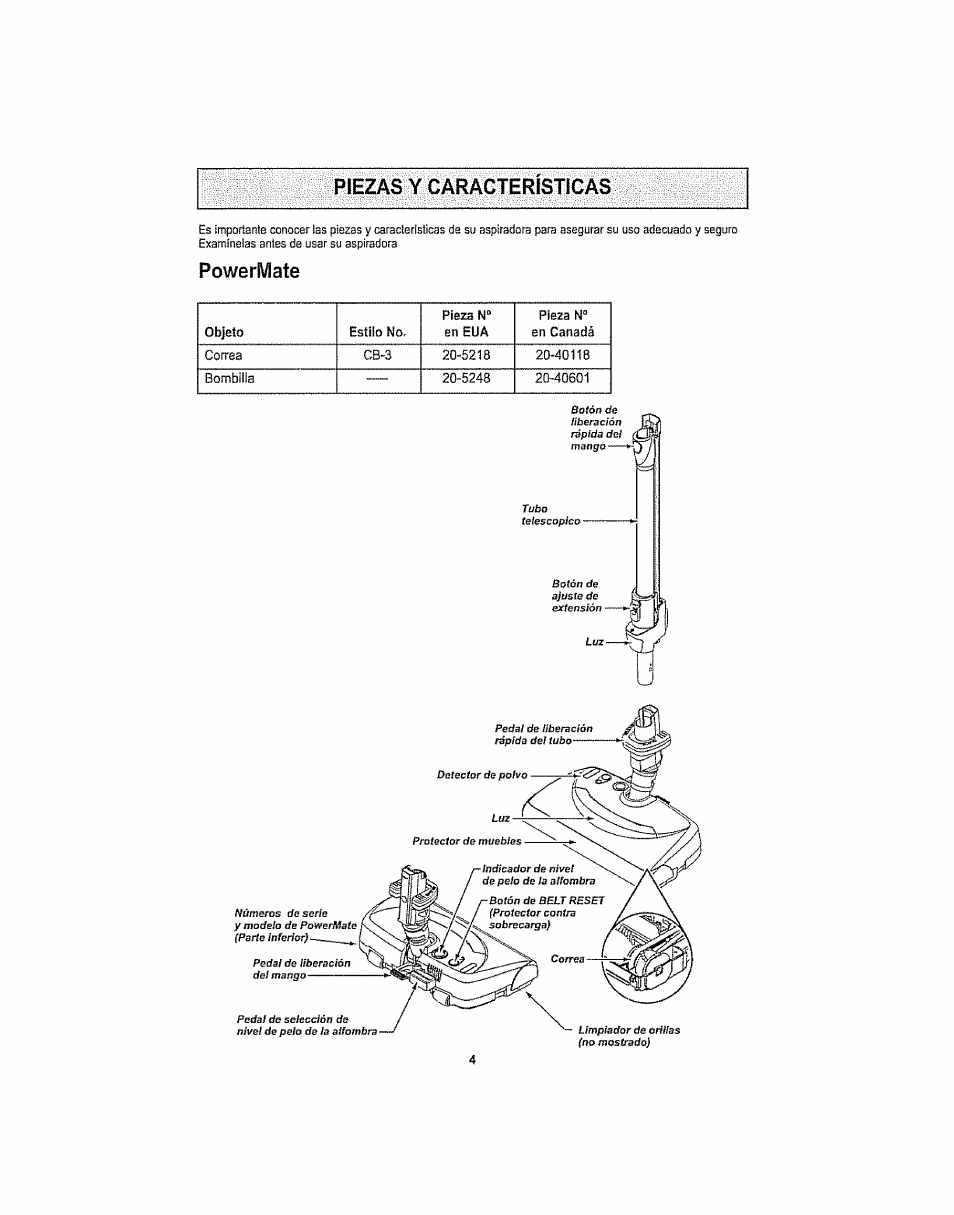 Piezas y caracteristicas, Powermate, Piezas y características -5 | Kenmore ASPIRADORA 116.29914 User Manual | Page 30 / 52