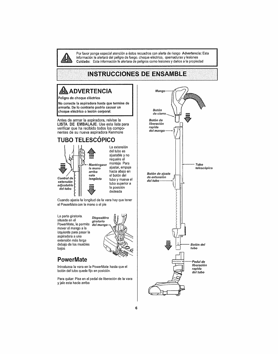 Instrucciones de ensamble, Advertencia, Tubo telescópico | Powermate, Instrucciones de ensamble -7, Instrucciones de ensamble advertencia | Kenmore ASPIRADORA 116.29914 User Manual | Page 32 / 52