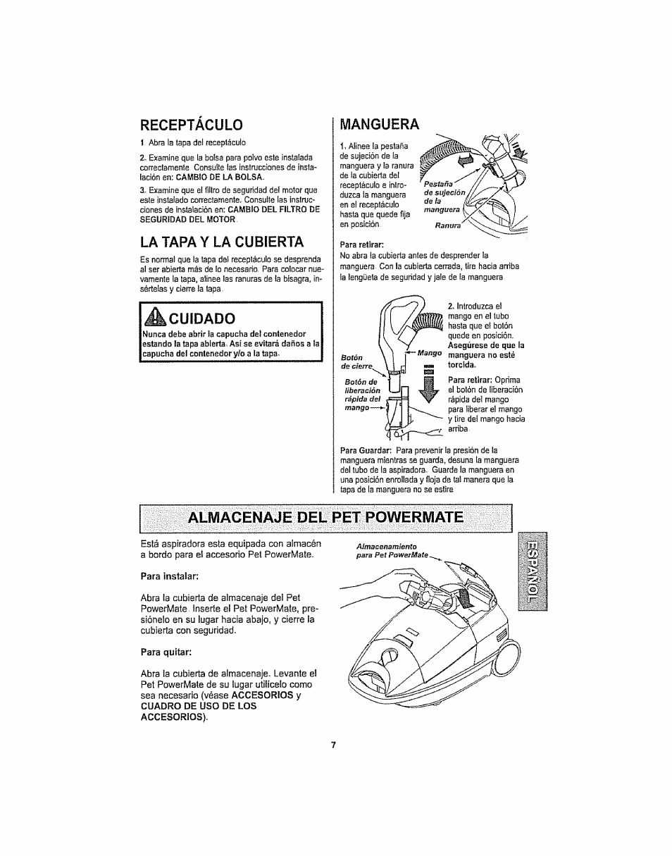 Receptaculo, La tapa y la cubierta, Manguera | Cuidado, Almacenaje del pet powermate | Kenmore ASPIRADORA 116.29914 User Manual | Page 33 / 52