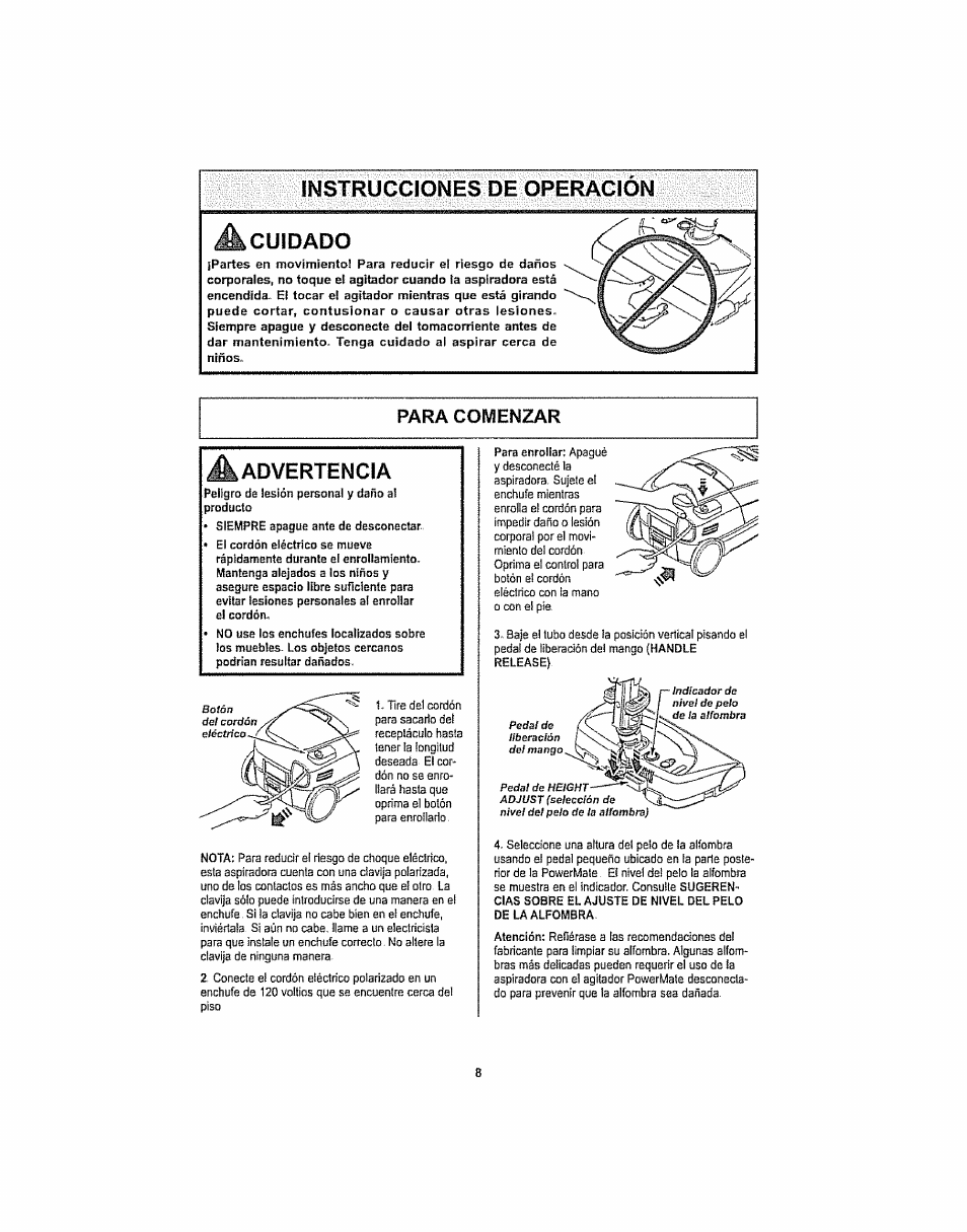 Instrucciones de operacion, Cuidado, Para comenzar | Advertencia, Instrucciones de operatión, Para comenzar -9, Instrucciones de operacion cuidado | Kenmore ASPIRADORA 116.29914 User Manual | Page 34 / 52