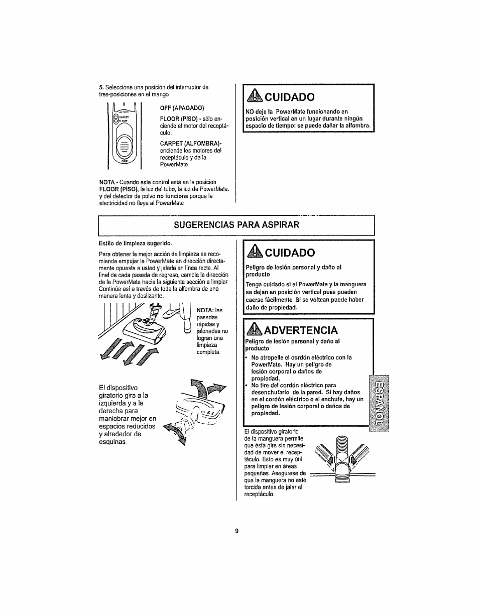 Sugerencias para aspirar, Cuidado, Advertencia | Ím i | Kenmore ASPIRADORA 116.29914 User Manual | Page 35 / 52