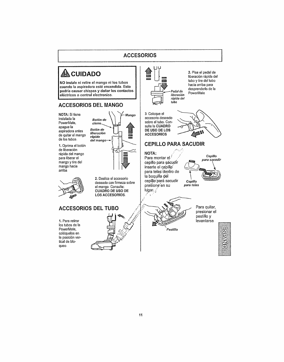 Accesorios, Cuidado, Accesorios del mango | Accesorios del tubo, Cepillo para sacudir | Kenmore ASPIRADORA 116.29914 User Manual | Page 37 / 52