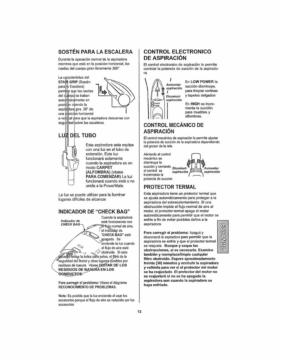 Sosten para la escalera, L tubo, Indicador de “check bag | Control electronico de aspiración, Control mecanico de aspiración, Protector termal, D =l tubo | Kenmore ASPIRADORA 116.29914 User Manual | Page 39 / 52