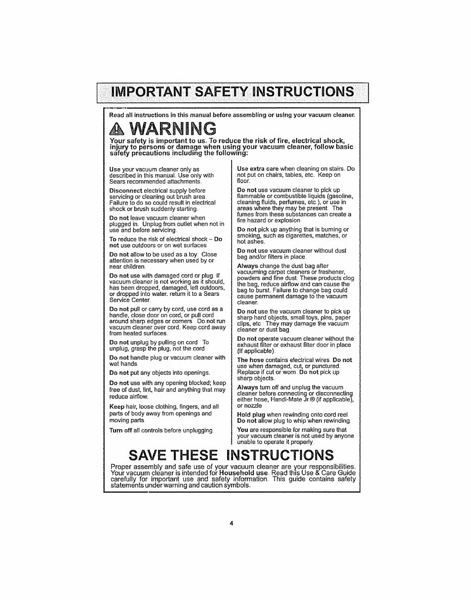 Warning, Important safety instructions, Save these instructions | Kenmore ASPIRADORA 116.29914 User Manual | Page 4 / 52