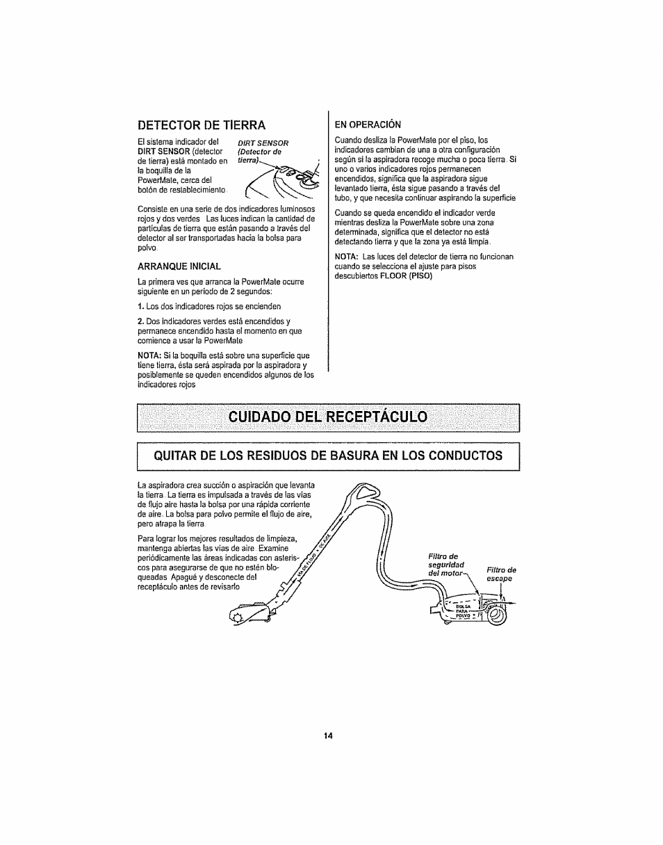 Cuidado del receptaculo, Quitar de los residuos de basura en los conductos, Cuidado del receptáculo | Kenmore ASPIRADORA 116.29914 User Manual | Page 40 / 52