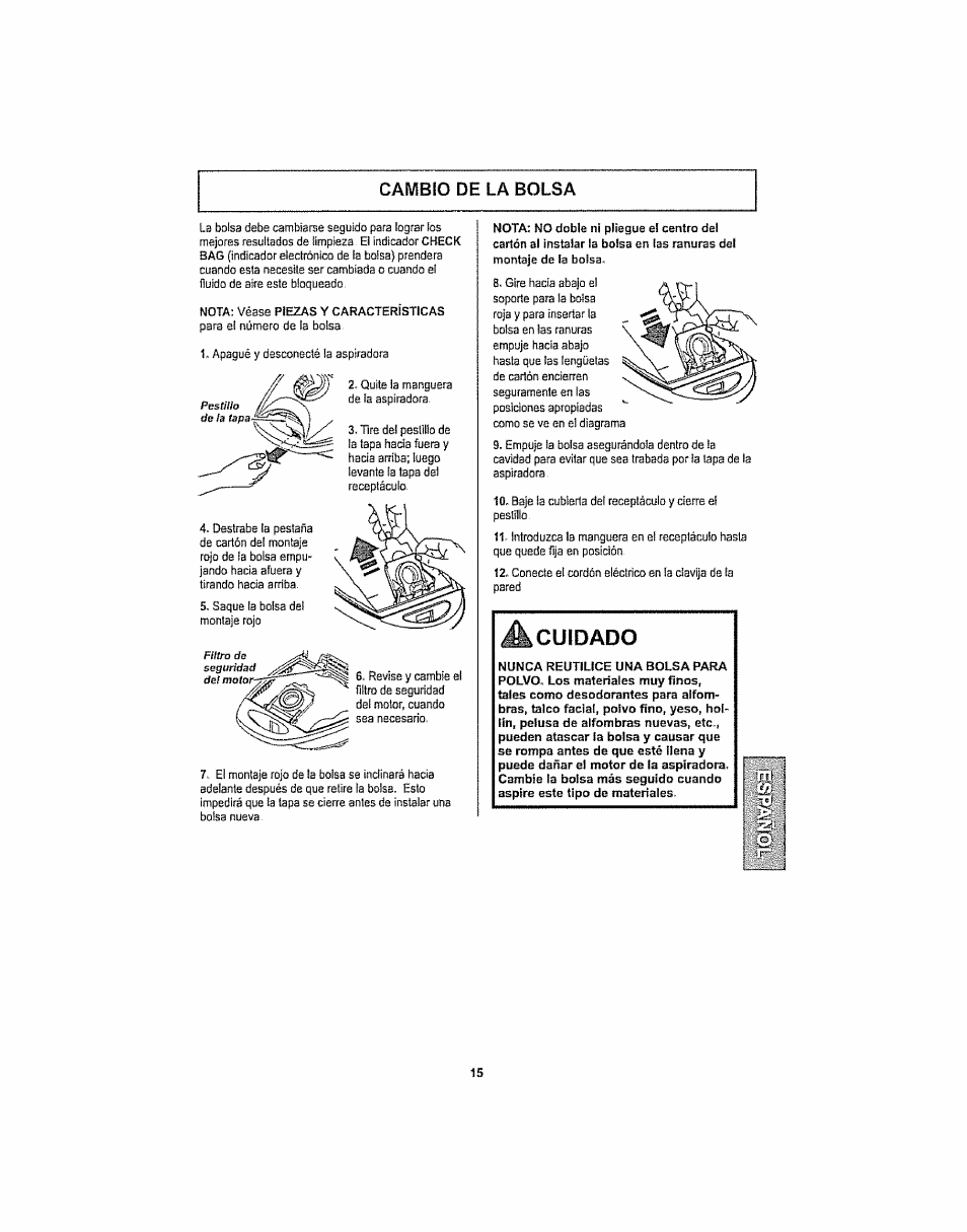 Cambio de la bolsa, Cuioado | Kenmore ASPIRADORA 116.29914 User Manual | Page 41 / 52