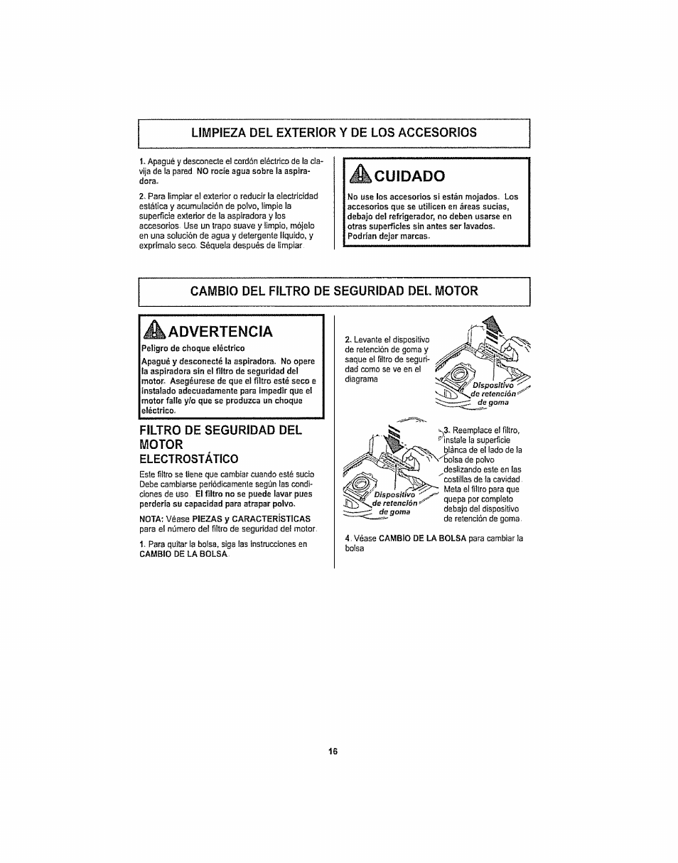 Filtro de seguridad del motor, Limpieza del exterior y de los accesorios, Cuidado | Kenmore ASPIRADORA 116.29914 User Manual | Page 42 / 52