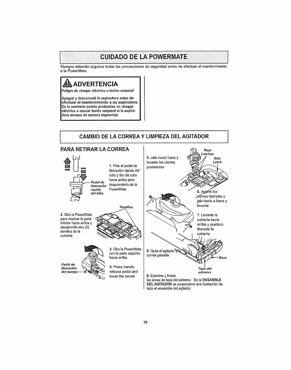 Cuidado de la powermate, Advertencia, Cambio de la correa y limpieza del agitador | Para retirar la correa | Kenmore ASPIRADORA 116.29914 User Manual | Page 44 / 52