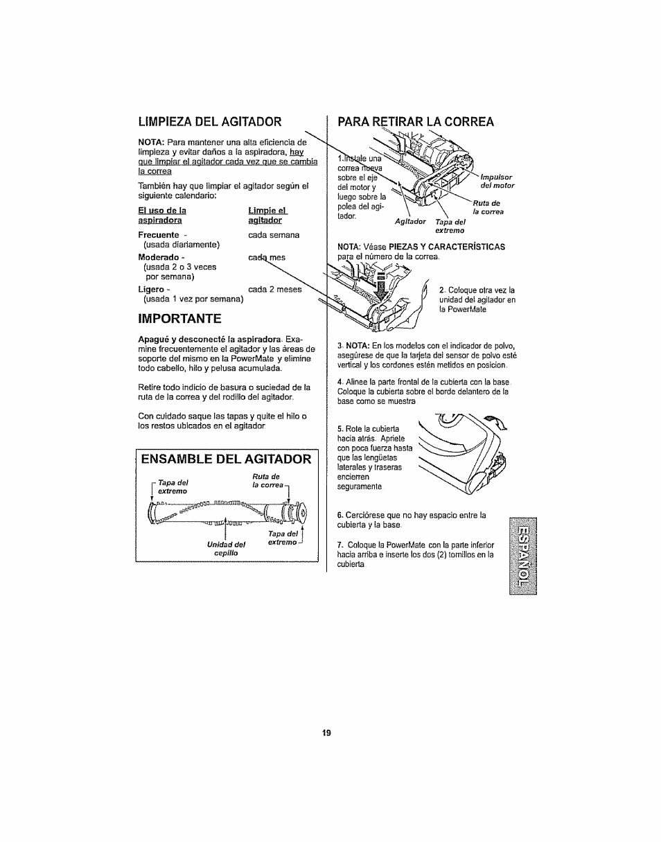 Limpieza del agitador, Importante, Para retirar la correa | Ensamble del agitador, S). i | Kenmore ASPIRADORA 116.29914 User Manual | Page 45 / 52