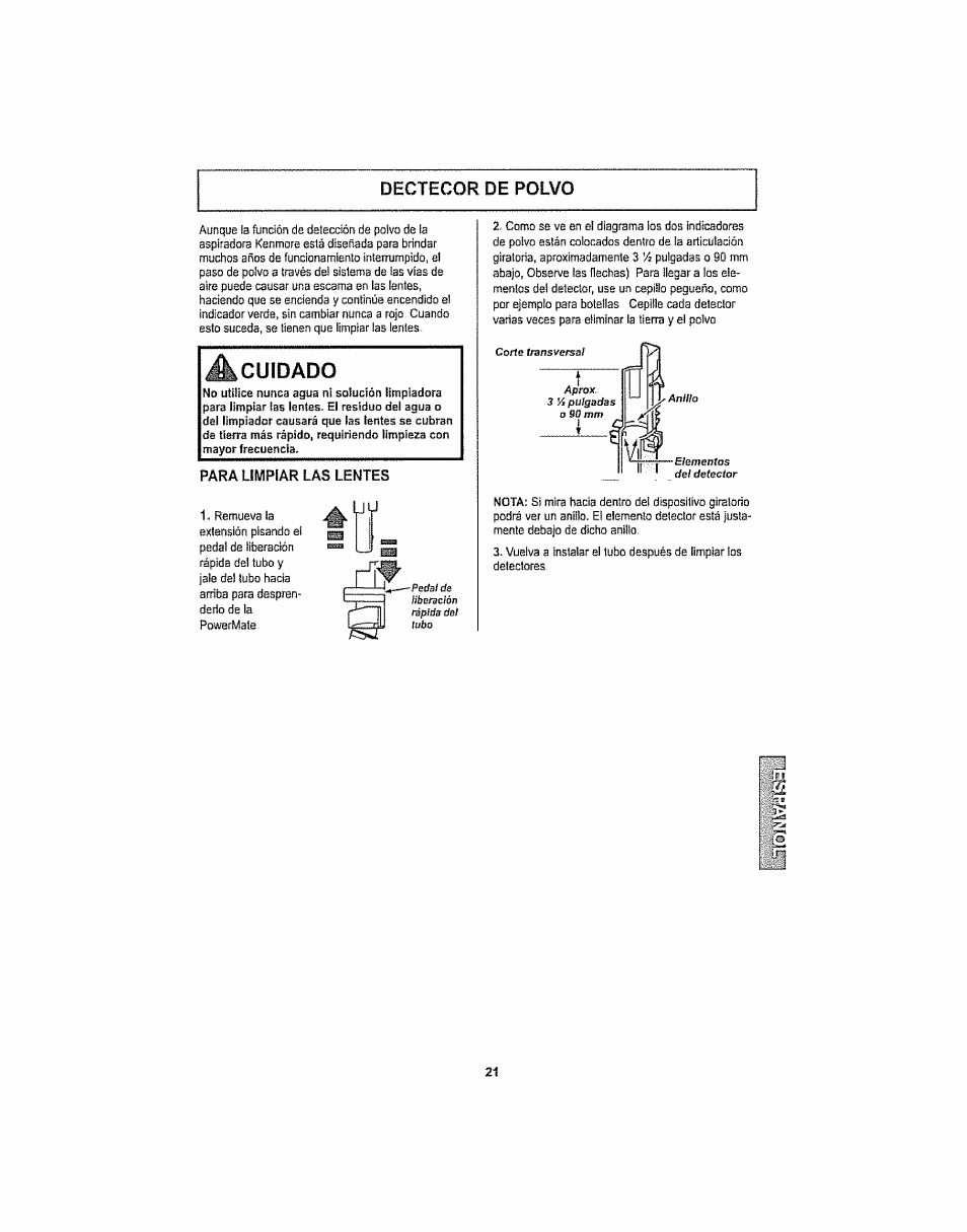 Dectecor de polvo, Cuidado, Detector de polvo | Ж им | Kenmore ASPIRADORA 116.29914 User Manual | Page 47 / 52