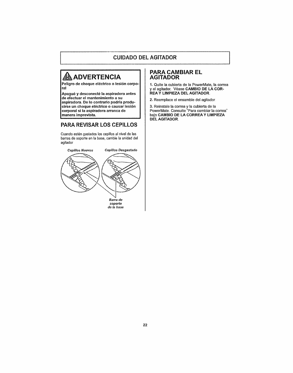 Cuidado del agitador, Para revisar los cepillos, Para cambiar el agitador | Advertencia | Kenmore ASPIRADORA 116.29914 User Manual | Page 48 / 52