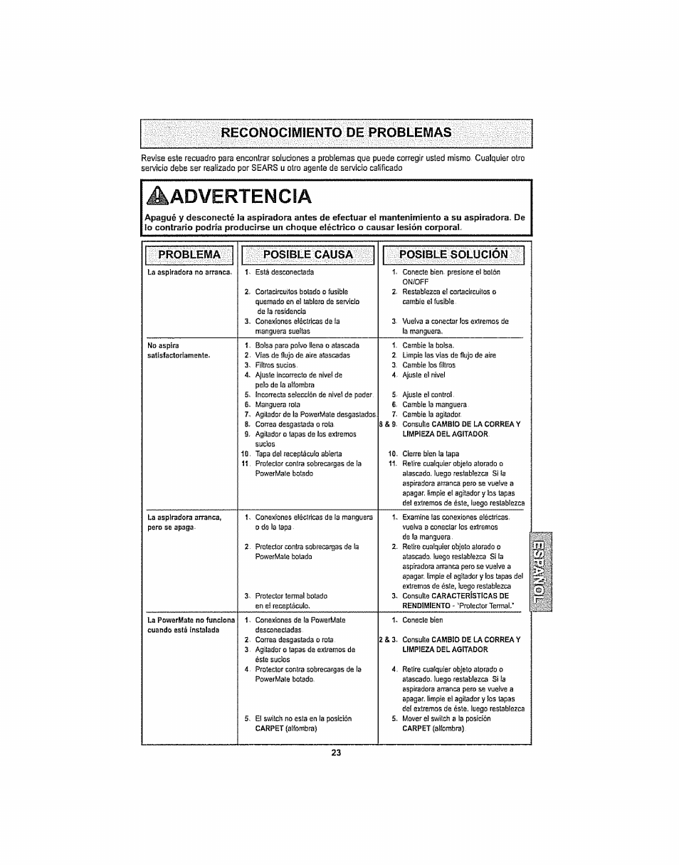 Advertencia, Reconocimiento de problemas | Kenmore ASPIRADORA 116.29914 User Manual | Page 49 / 52