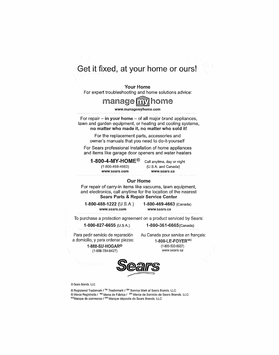 Get it fixed, at your home or ours, Manage home, Your home | Our home | Kenmore ASPIRADORA 116.29914 User Manual | Page 52 / 52