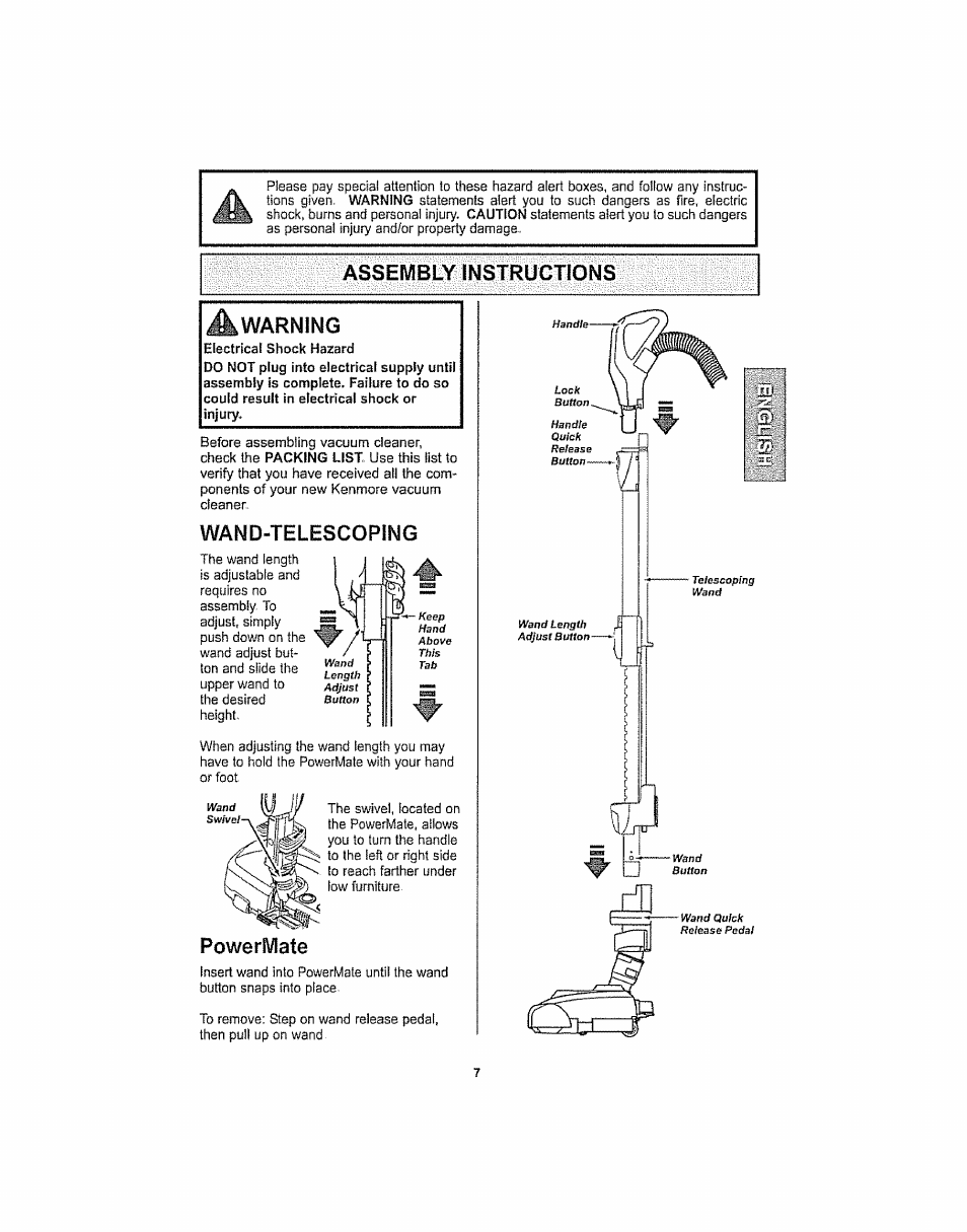 Assembly instructions, Warning, Wand-telescoping | Powermate, Assembly instructions warning | Kenmore ASPIRADORA 116.29914 User Manual | Page 7 / 52