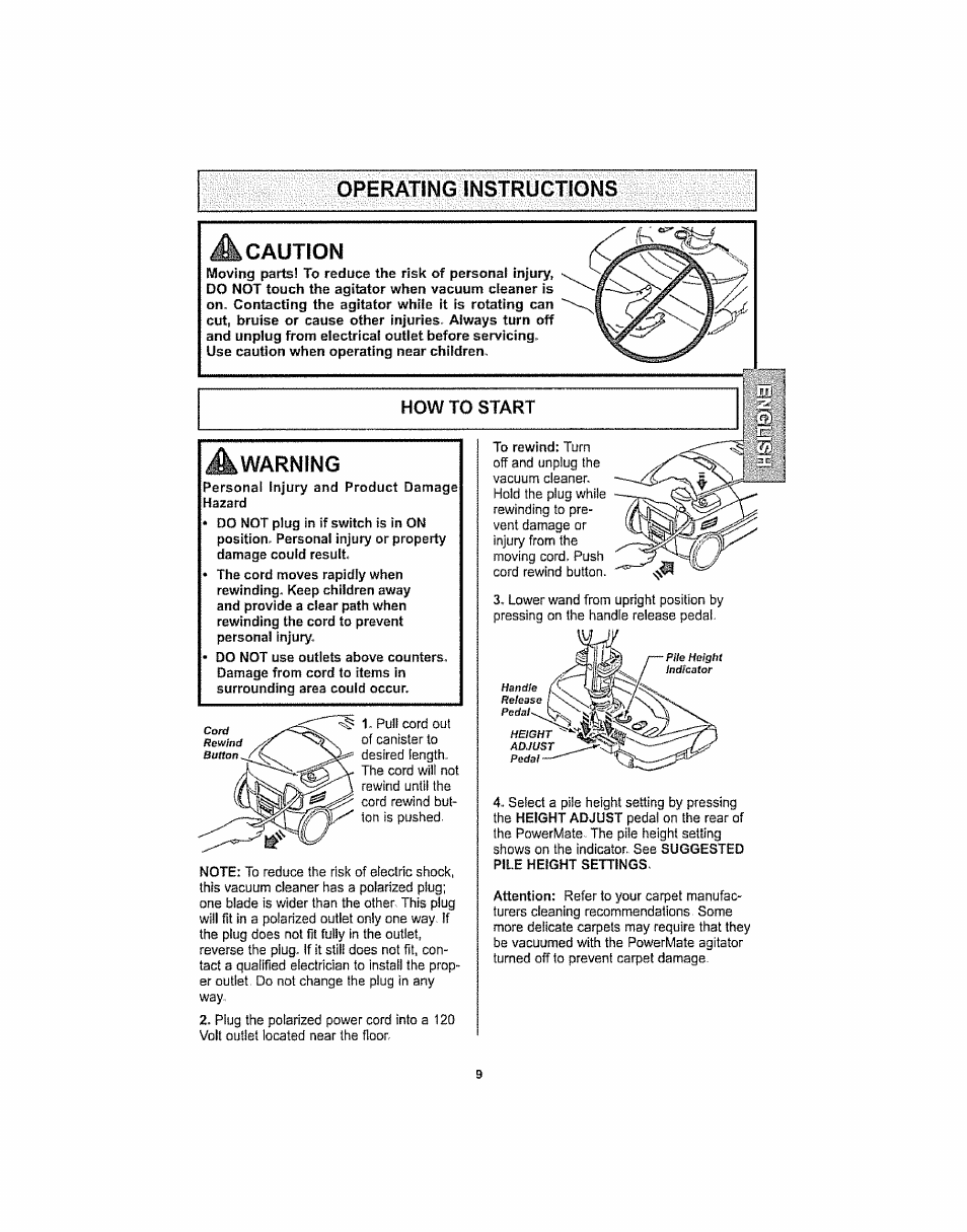 Operating instructions, Caution, How to start | Warning, How to start -10, Operating instructions caution | Kenmore ASPIRADORA 116.29914 User Manual | Page 9 / 52