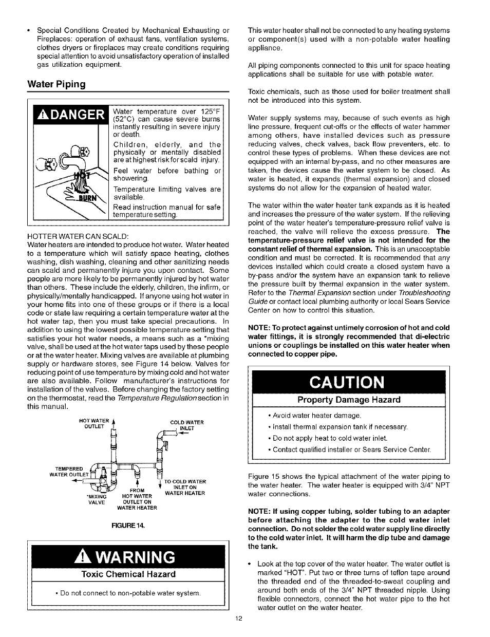 Water piping, Warning, Water piping -13 | Caution, Adanger, Toxic chemical hazard, Property damage hazard | Kenmore POWER MISER 153.336261 User Manual | Page 12 / 32