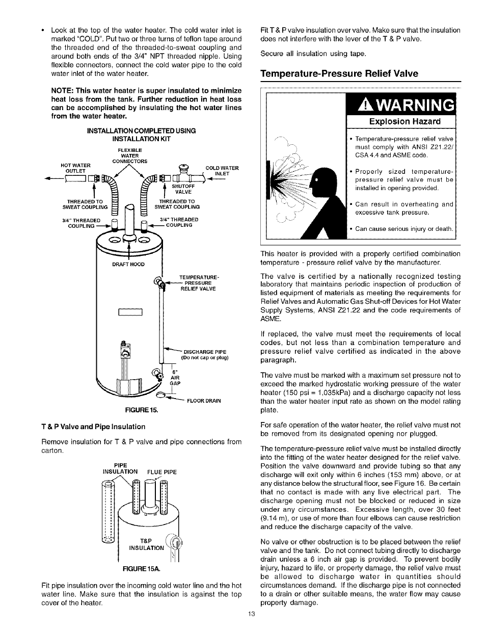 Temperature-pressure relief valve, Temperature pressure relief valve -14, Warning | Explosion hazard | Kenmore POWER MISER 153.336261 User Manual | Page 13 / 32