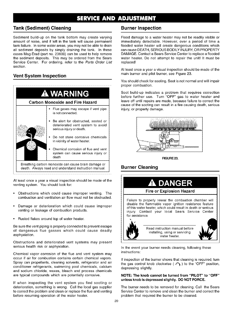 Tank (sediment) cleaning, Vent system inspection, A warning | Tank (sediment) cleaning venting system inspection, Oanoer, Service and adjustment, Tank (sediment) cleaning burner inspection, Burner cleaning, Cartoon monoxide and fire hazard, Fire or explosion hazard | Kenmore POWER MISER 153.336261 User Manual | Page 20 / 32