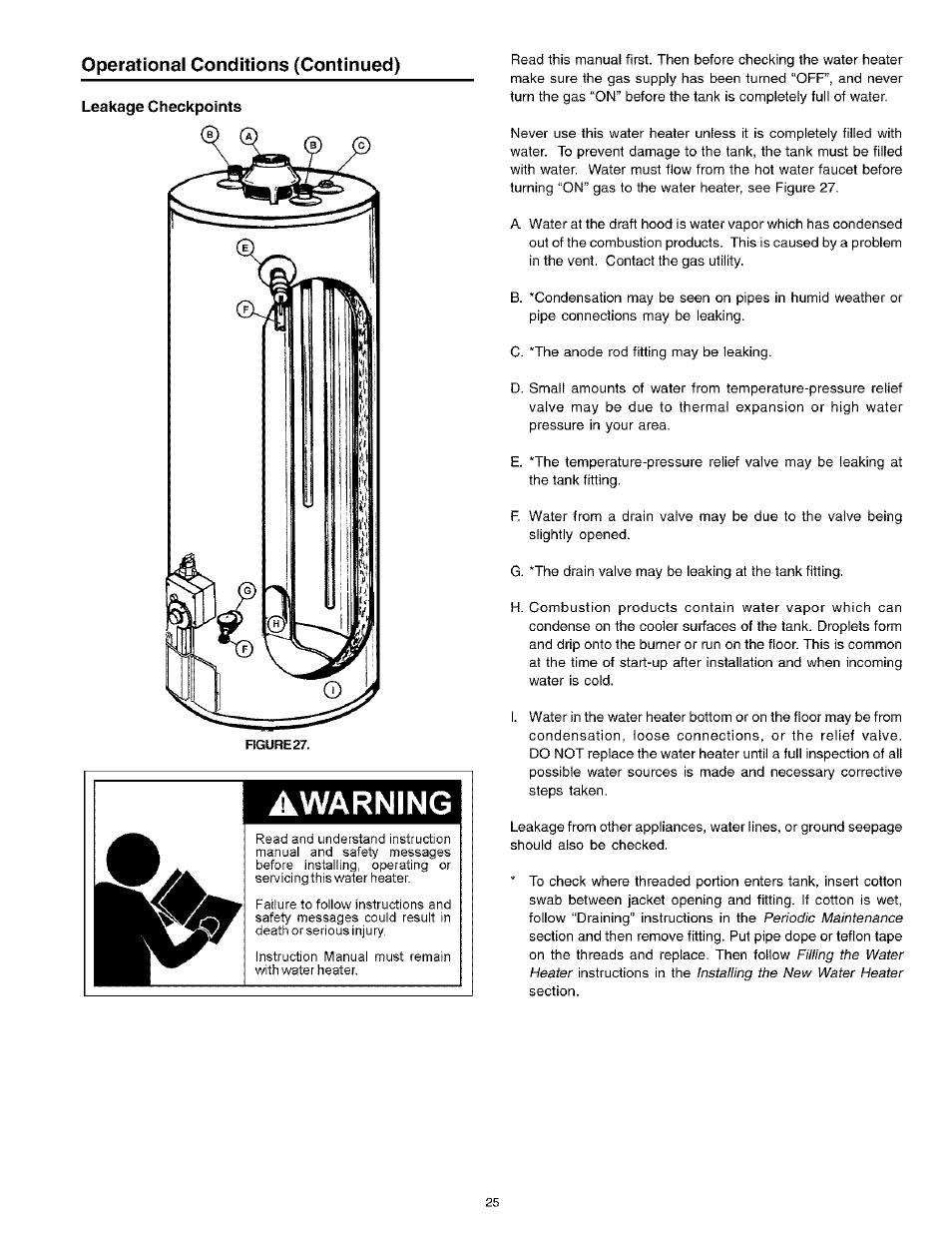 Warning, Operational conditions (continued), Leakage checkpoints | Kenmore POWER MISER 153.336261 User Manual | Page 25 / 32