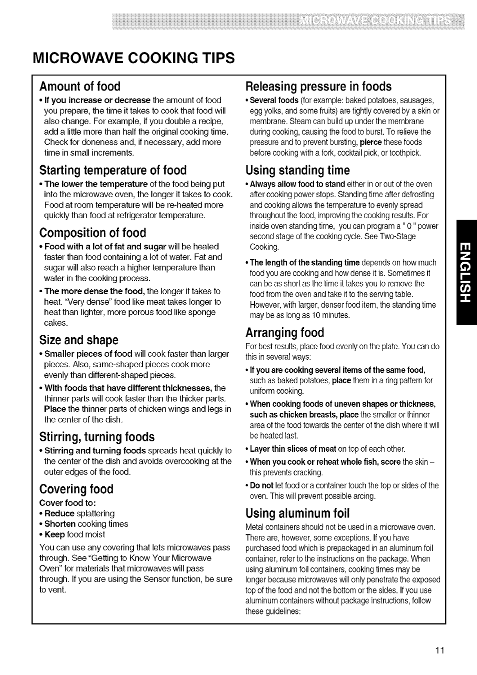 Amount of food, Starting temperature of food, Composition of food | Size and shape, Stirring, turning foods, Covering food, Releasing pressure in foods, Using standing time, Arranging food, Using aiuminum foli | Kenmore 721.80829 User Manual | Page 11 / 45