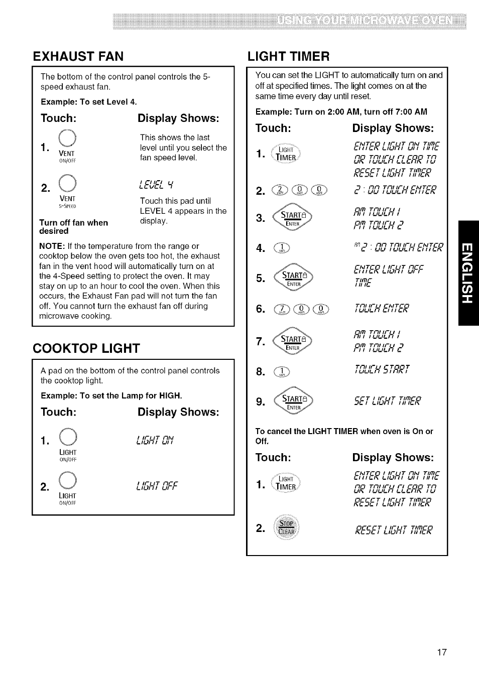 Touch: display shows, Cooktop light, Touch | Display shows, Cd (2x1), Akdcd, Exhaust fan light timer, Ltuel h, Uls t, L efils to | Kenmore 721.80829 User Manual | Page 17 / 45