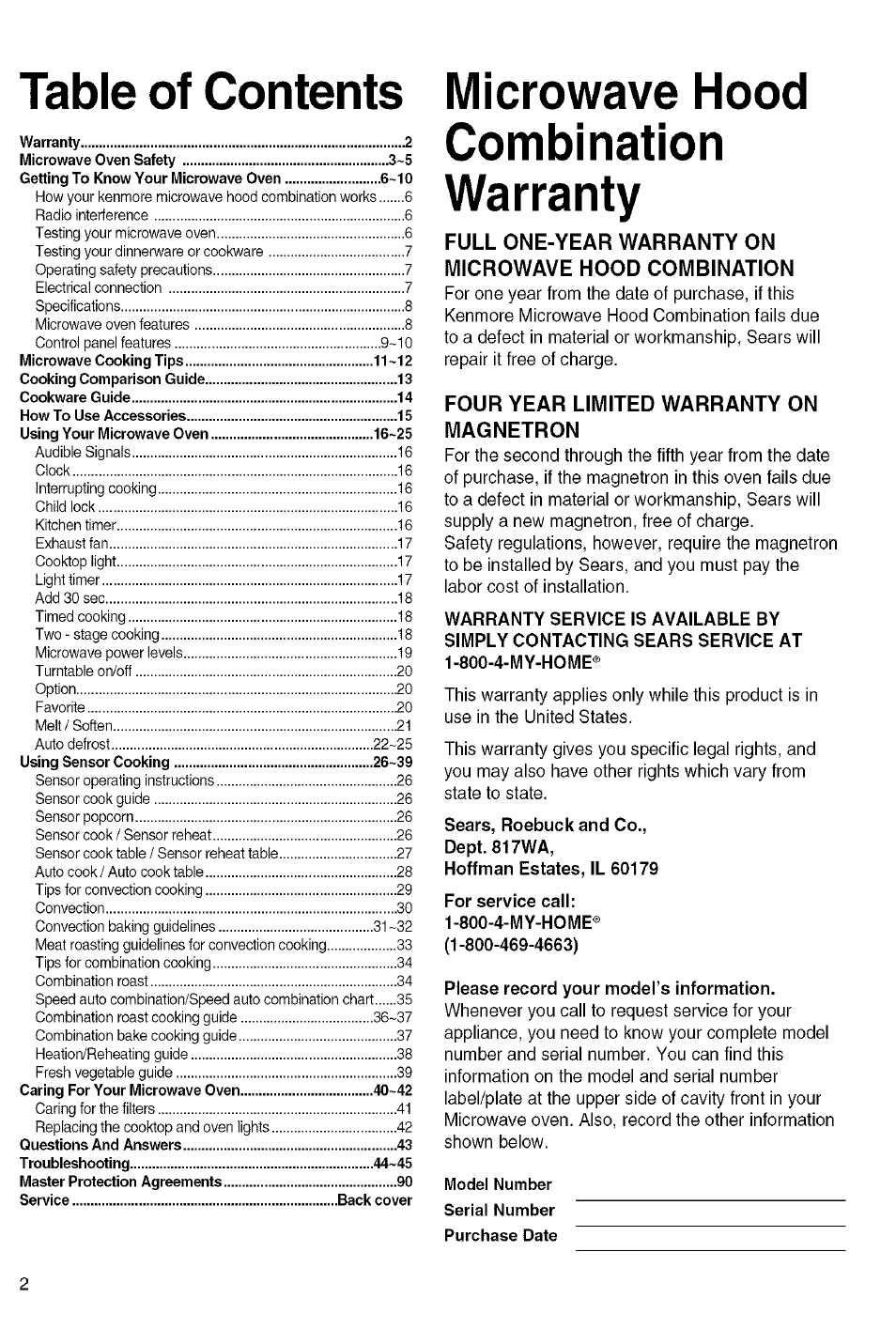 Table of contents microwave hood, Combination, One-year warranty on | Microwave hood combination, Pqur year limited warranty on, Magnetron | Kenmore 721.80829 User Manual | Page 2 / 45