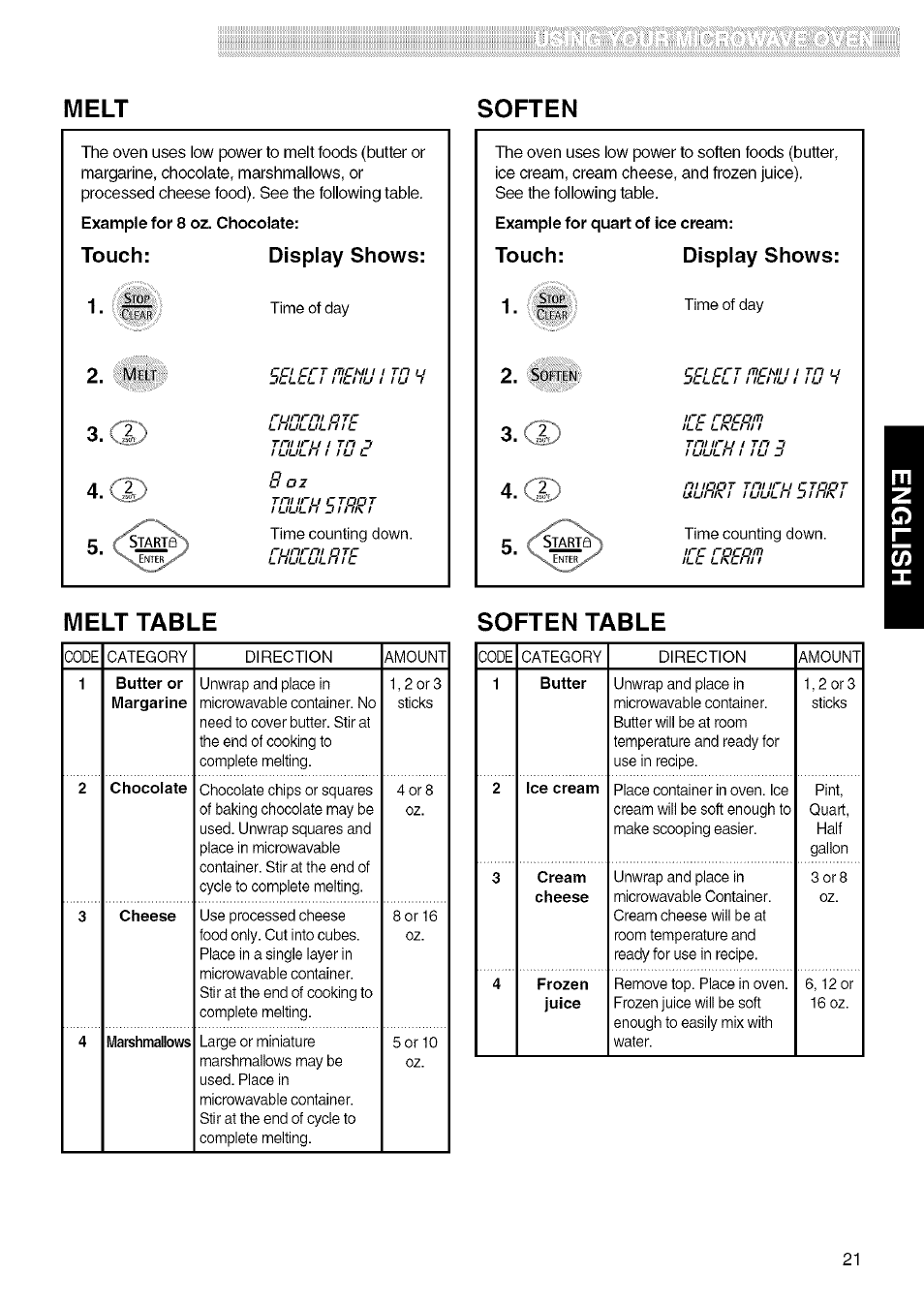 Soften, Melt table, Soften table | Melt table soften table, Melt, Touch: display shows, Rl/nrn/ otc | Kenmore 721.80829 User Manual | Page 21 / 45