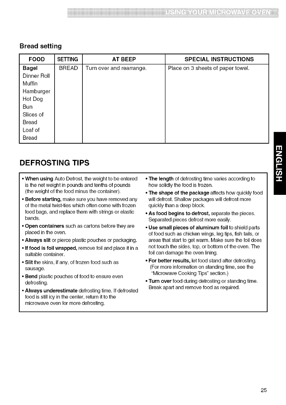 Bread setting, Food, At beep | Special instructions, Defrosting tips | Kenmore 721.80829 User Manual | Page 25 / 45