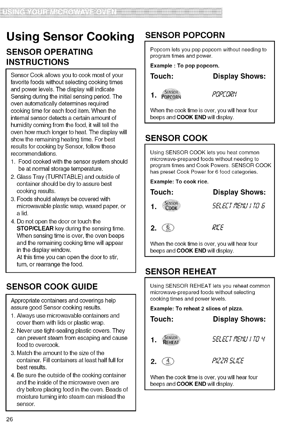 Sensor operating instructions, Sensor cook guide, Touch: display shows | Sensor cook, Sensor reheat, Using sensor cooking, T uenu i tu ч | Kenmore 721.80829 User Manual | Page 26 / 45