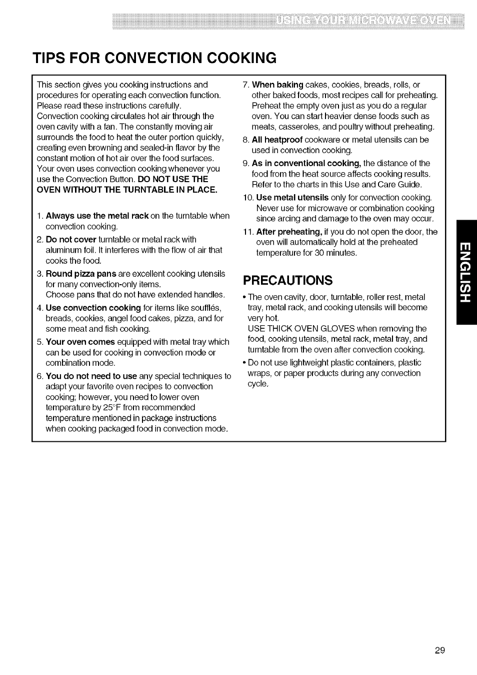 Precautions, Tips for convection cooking | Kenmore 721.80829 User Manual | Page 29 / 45