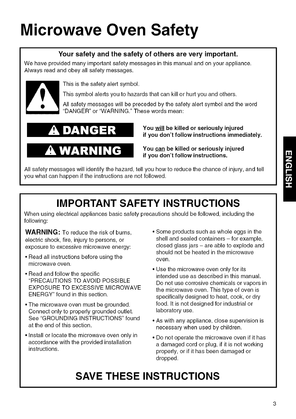 Microwave oven safety, Danger, Warning | Important safety instructions, Save these instructions | Kenmore 721.80829 User Manual | Page 3 / 45