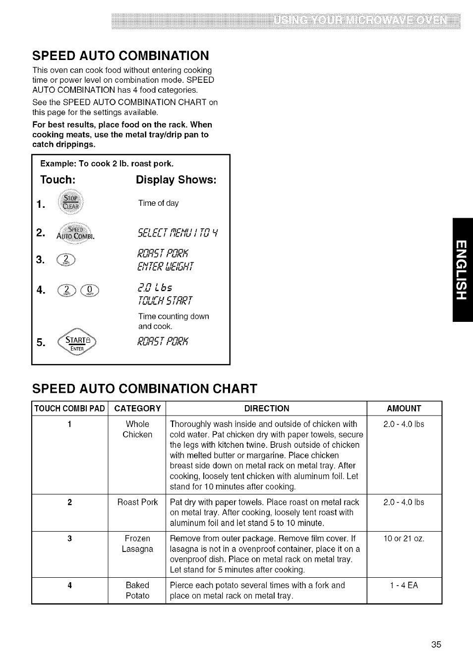 Speed auto combination chart, Speed auto combination, Touch: display shows | Kenmore 721.80829 User Manual | Page 35 / 45