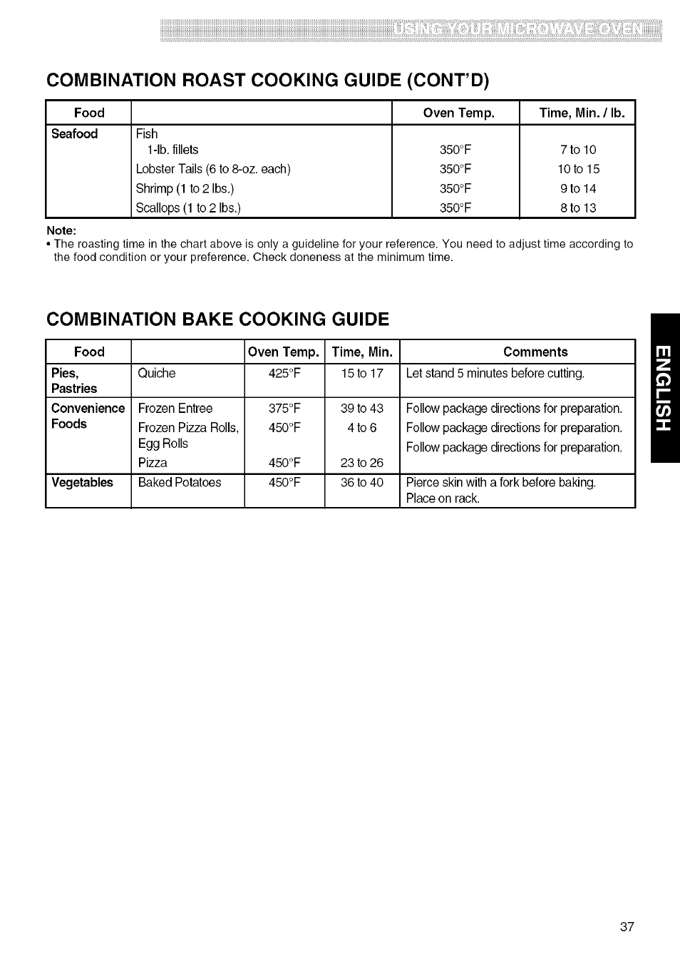 Combination bake cooking guide, Combination roast cooking guide (conto) | Kenmore 721.80829 User Manual | Page 37 / 45