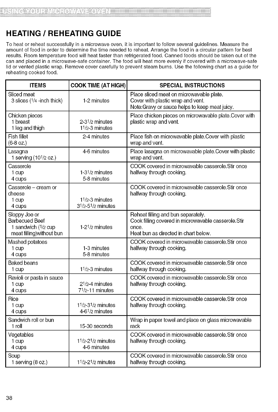 Heating / reheating guide | Kenmore 721.80829 User Manual | Page 38 / 45