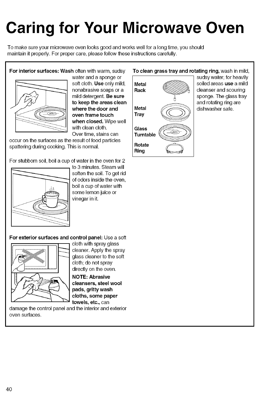 Caring for your microwave oven | Kenmore 721.80829 User Manual | Page 40 / 45