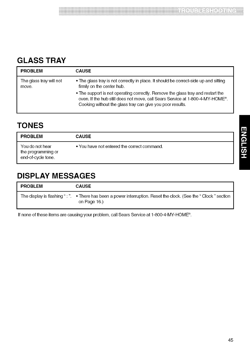 Glass tray, Tones, Display messages | Kenmore 721.80829 User Manual | Page 45 / 45