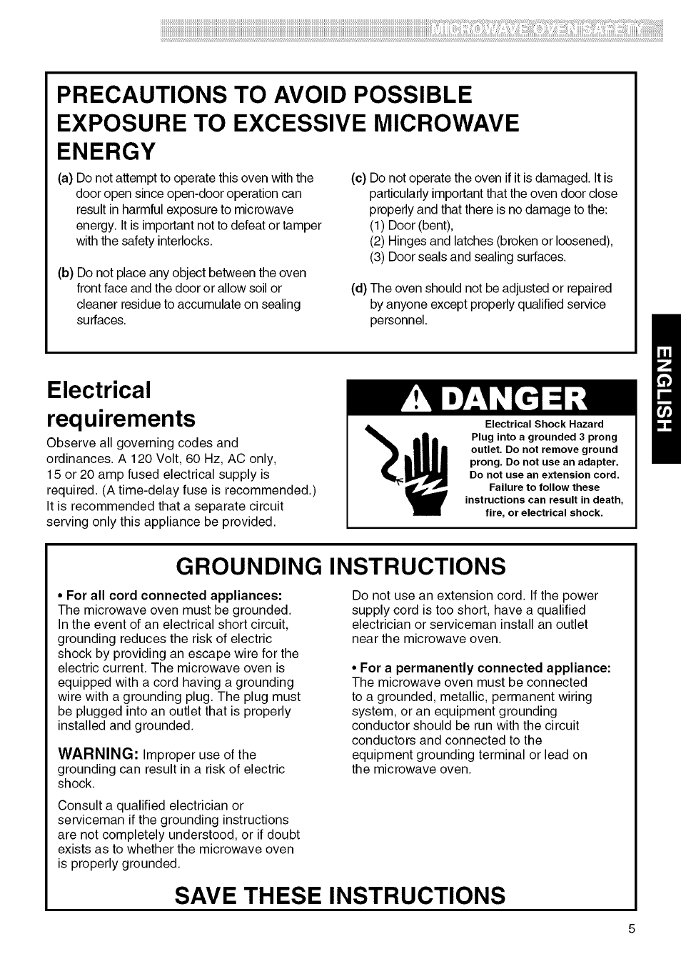 For all cord connected appliances, For a permanently connected appliance, Danger | Electrical requirements, Grounding instructions, Save these instructions | Kenmore 721.80829 User Manual | Page 5 / 45