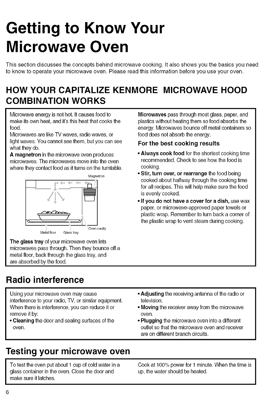 Getting to know your microwave oven, Radio interference, Testing your microwave oven | Kenmore 721.80829 User Manual | Page 6 / 45