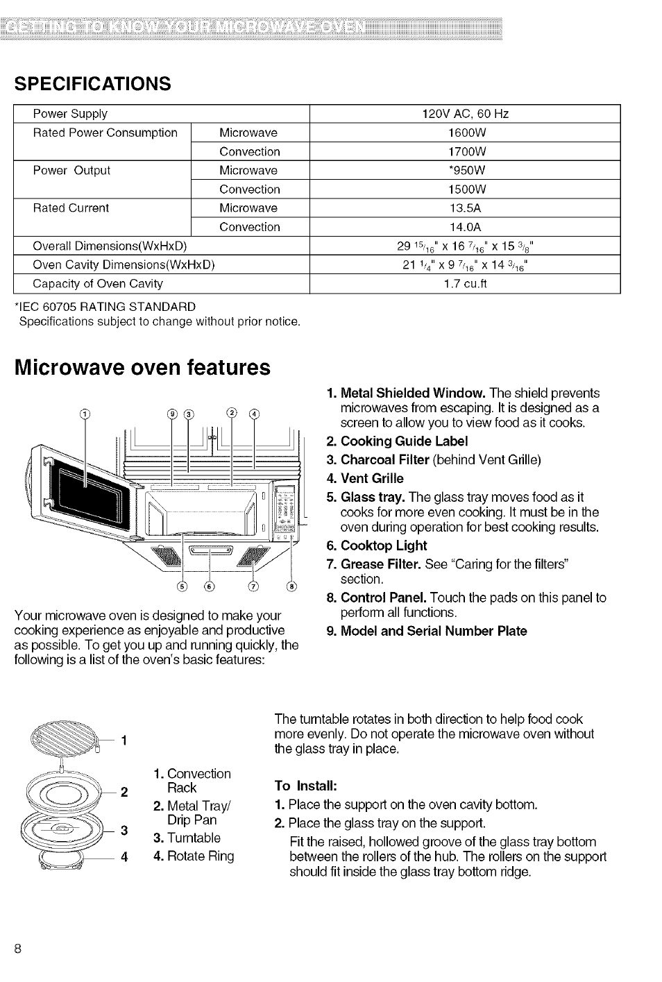 Specifications, Cooking guide label, Vent grille | Cooktop light, Model and serial number plate, To install, Microwave oven features | Kenmore 721.80829 User Manual | Page 8 / 45