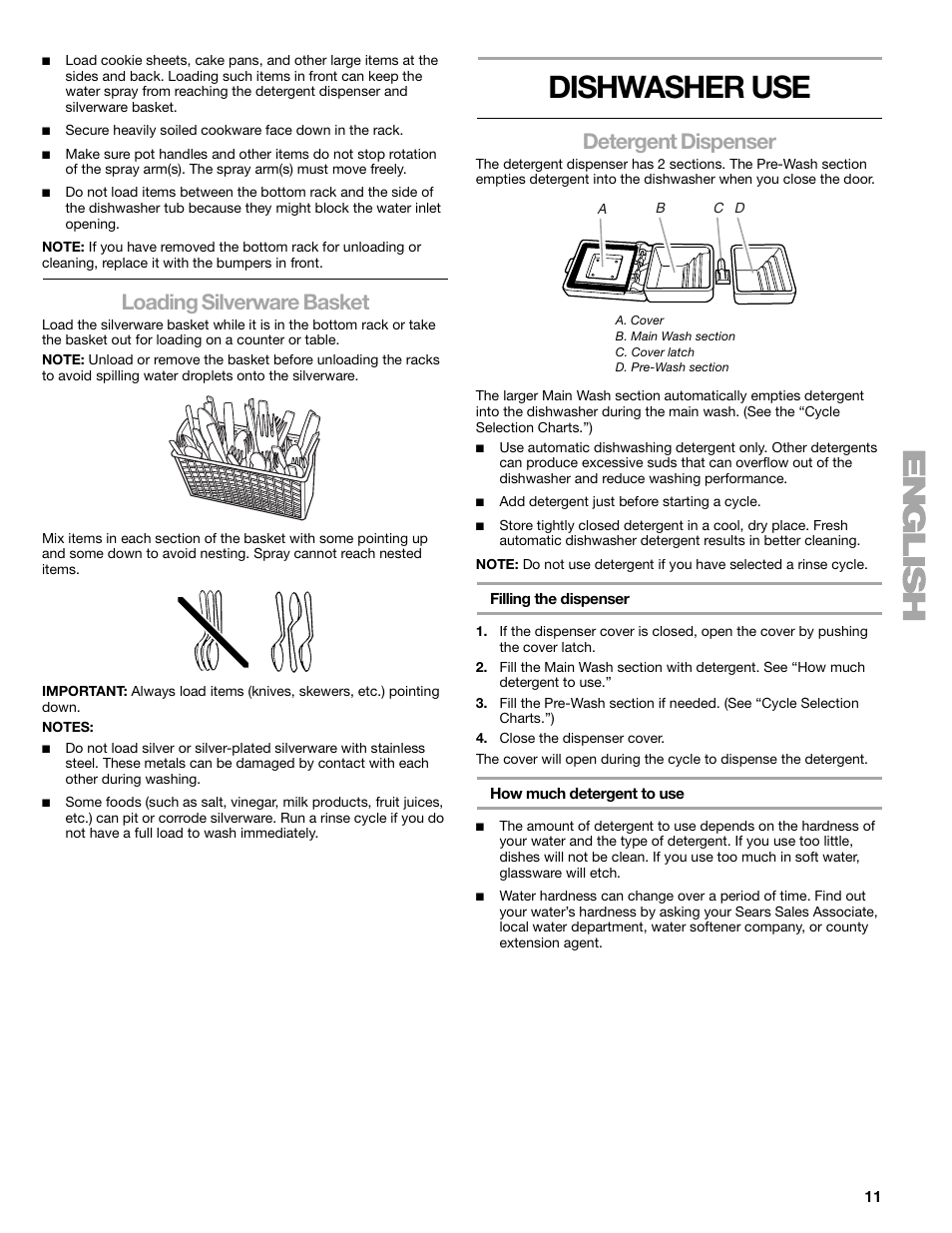 Dishwasher use, Loading silverware basket, Detergent dispenser | Kenmore 665.177 User Manual | Page 11 / 20